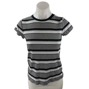 Club Monaco Women's Black Striped Short Sleeve Crew Neck T Shirt Tee Top Size M
